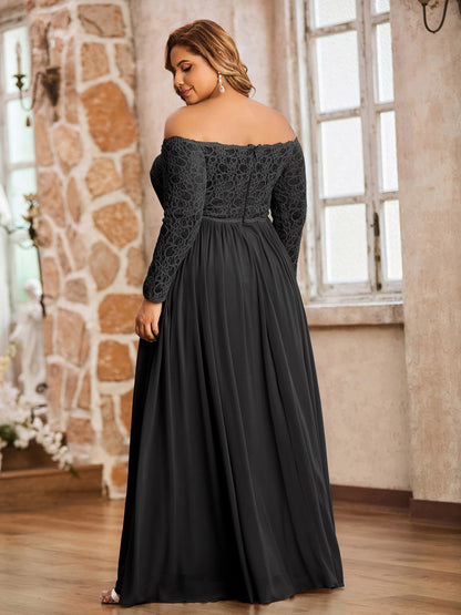 Lace and Chiffon Long Sleeves Dresses with Pockets-Black Plus Size
