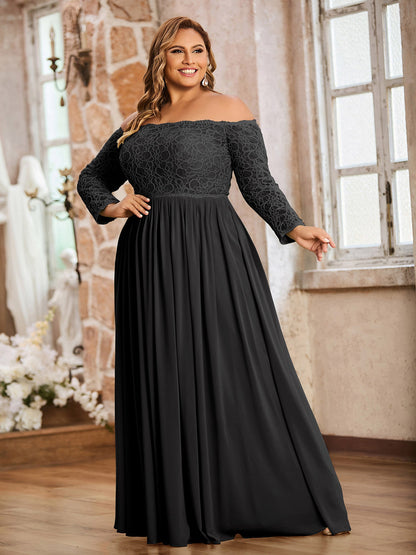 Lace and Chiffon Long Sleeves Dresses with Pockets-Black Plus Size