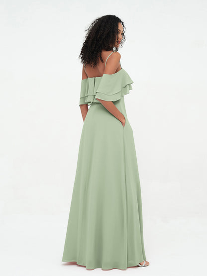 Off-the-Shoulder Spaghetti Straps Max Dresses-Dusty Sage