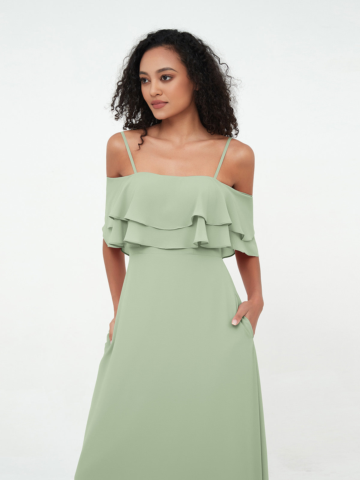 Off-the-Shoulder Spaghetti Straps Max Dresses-Dusty Sage