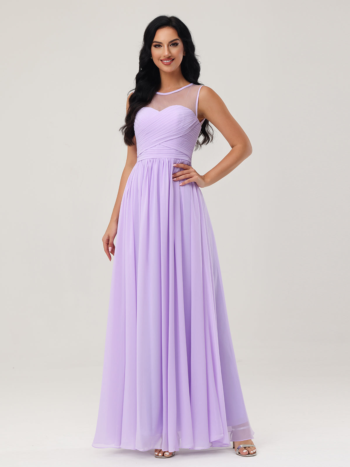 Long Chiffon Gowns with Illusion Neckline-Lilac