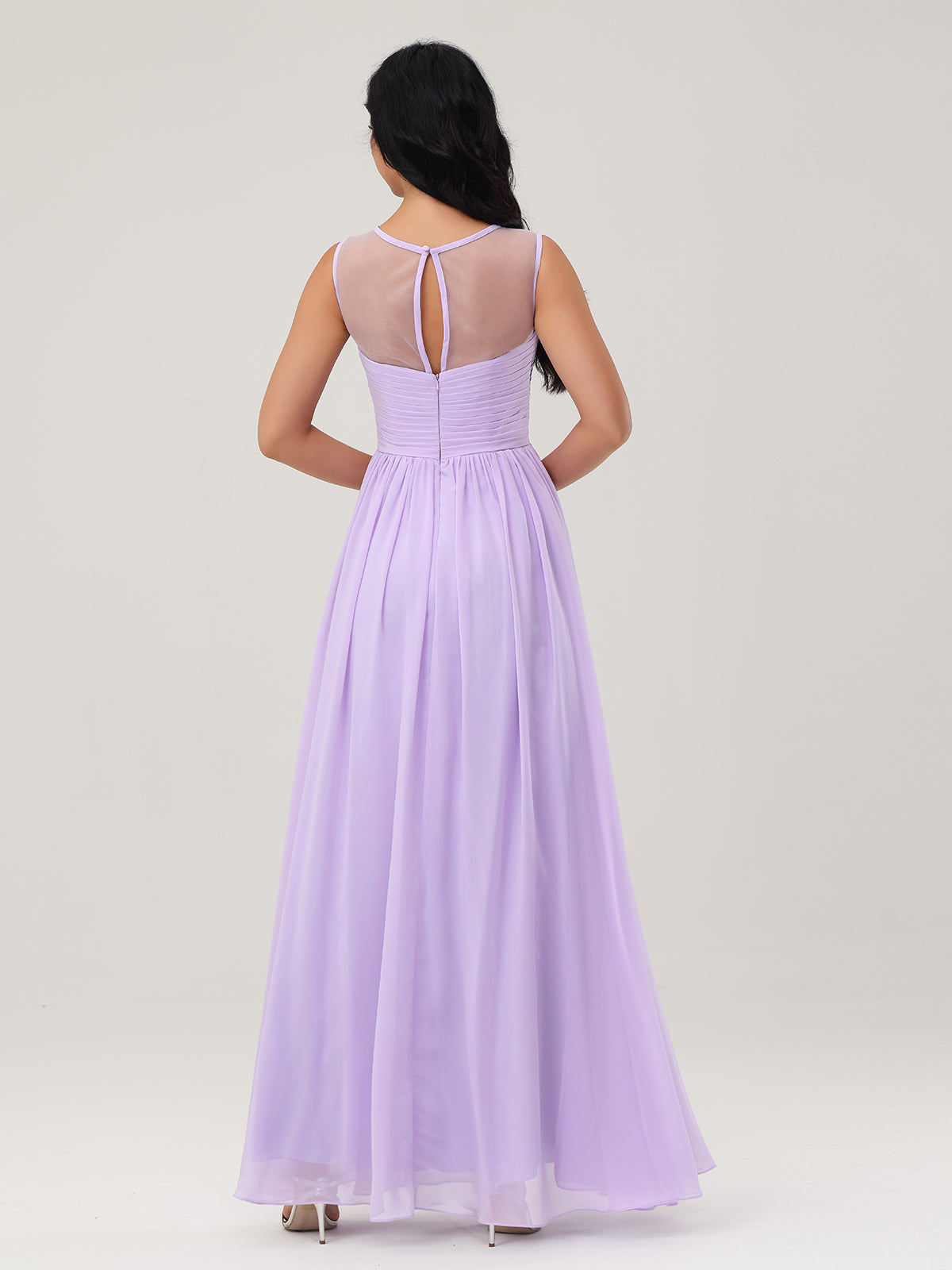 Long Chiffon Gowns with Illusion Neckline-Lilac