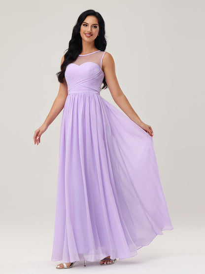 Long Chiffon Gowns with Illusion Neckline-Lilac