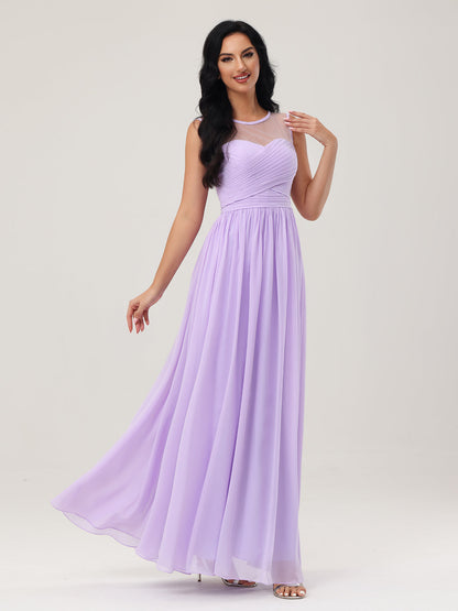Long Chiffon Gowns with Illusion Neckline-Lilac
