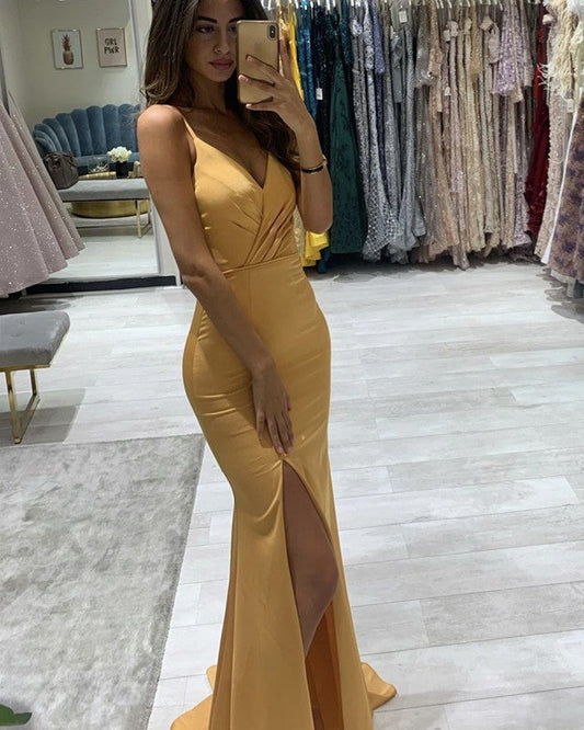 Mermaid Bridesmaid Dresses V Neck Spaghetti Straps With Slit