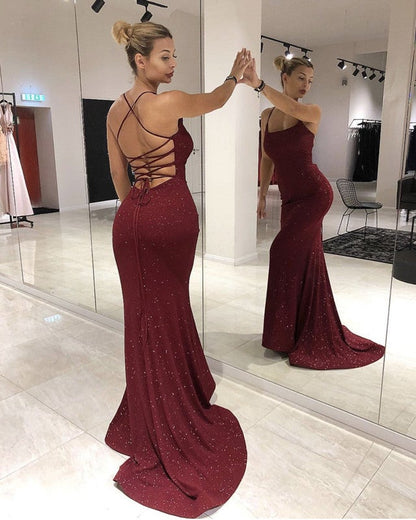 Mermaid Burgundy Sparkly Prom Dress Lace Up Back