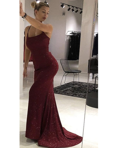 Mermaid Burgundy Sparkly Prom Dress Lace Up Back