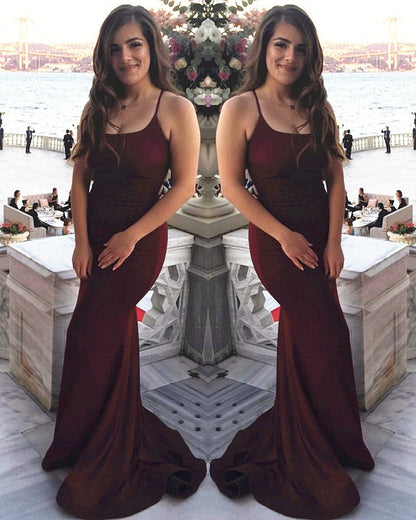 Mermaid Burgundy Sparkly Prom Dress Lace Up Back