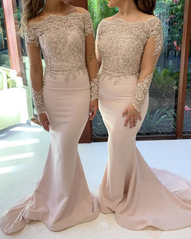 Mermaid Dusty Rose Bridesmaid Dresses Lace Long Sleeve