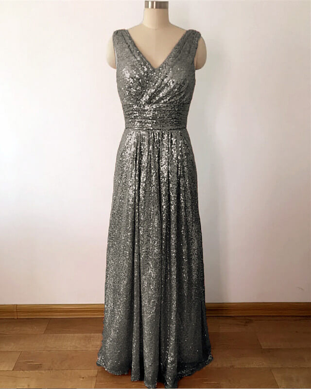 Gray Sequins V-neck Long Mermaid Bridesmaid Dresses