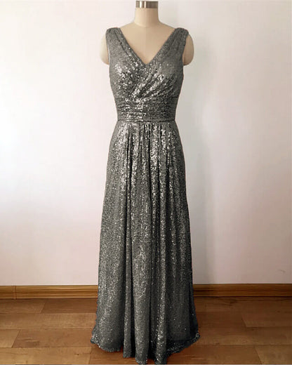 Gray Sequins V-neck Long Mermaid Bridesmaid Dresses
