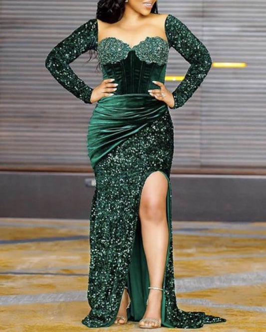 Mermaid Sweetheart Long Sleeve Green Sequin Dress