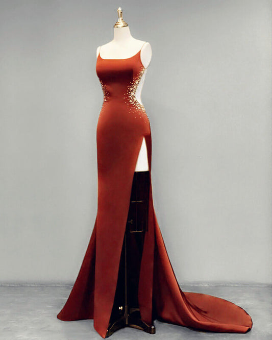 Mermaid High Slit Spaghetti Strap Satin Dress