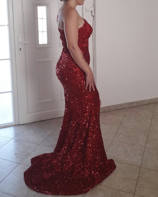 Mermaid One Shoulder Sequin Dresses Split