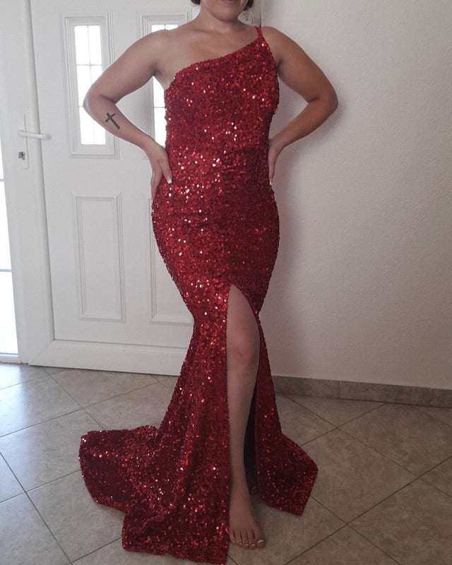 Mermaid One Shoulder Sequin Dresses Split
