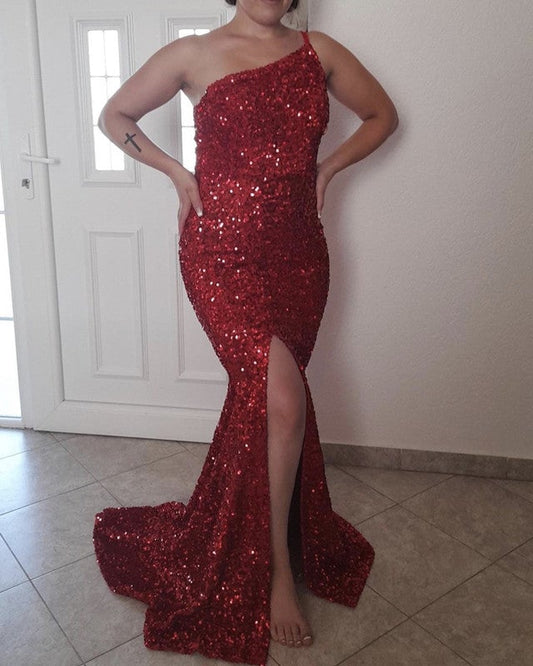 Mermaid One Shoulder Sequin Dresses Split