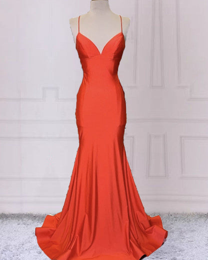 Mermaid V Neck Orange Prom Dresses Spaghetti Straps