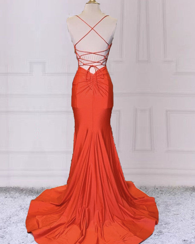 Mermaid V Neck Orange Prom Dresses Spaghetti Straps