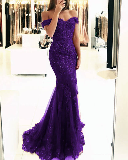 Off The Shoulder Prom Dresses Lace Mermaid V-neck Evening Gowns