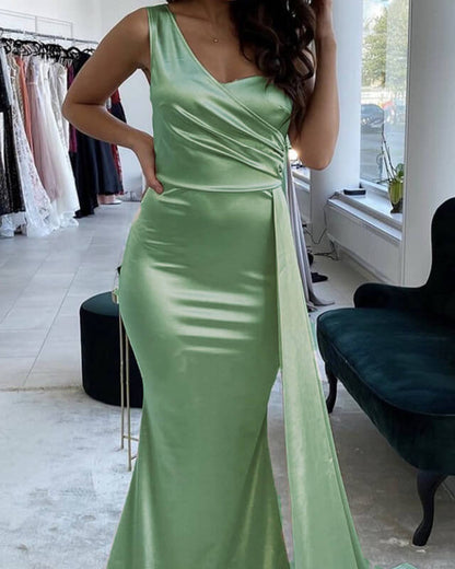 Mermaid Sage Green Dresses One Shoulder