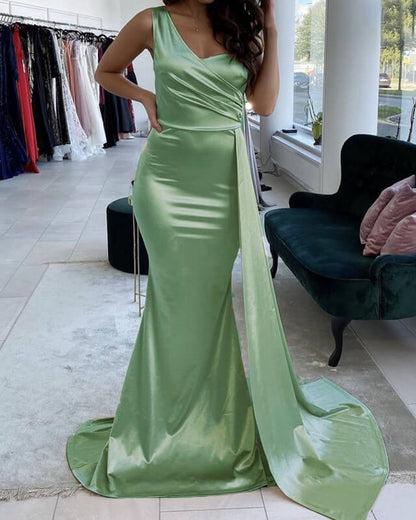 Mermaid Sage Green Dresses One Shoulder