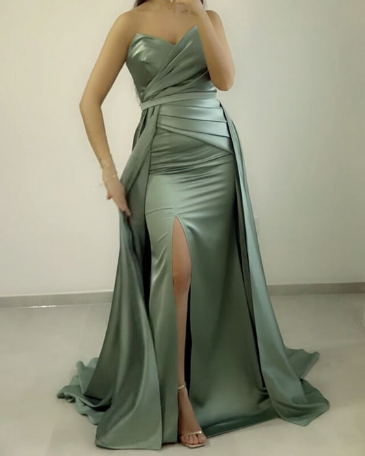 Mermaid Pleated V Neck Slit Satin Dress