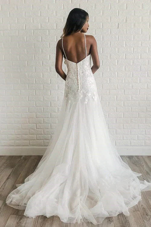 Aimishang Elegant A-Line Tulle White Spaghetti Straps Wedding Dress with Appliques