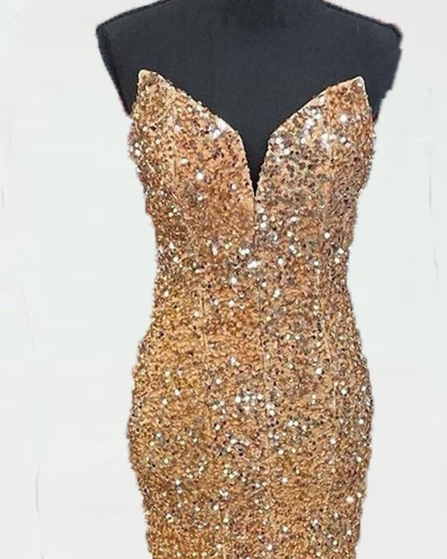Mermaid Strapless Gold Sequin Prom Dresses