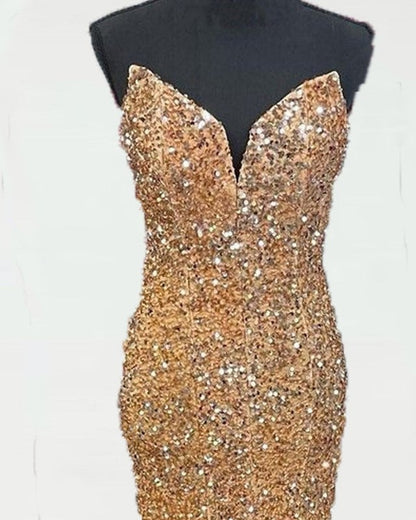 Mermaid Strapless Gold Sequin Prom Dresses