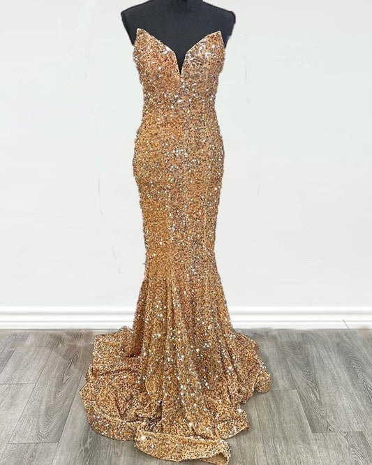 Mermaid Strapless Gold Sequin Prom Dresses