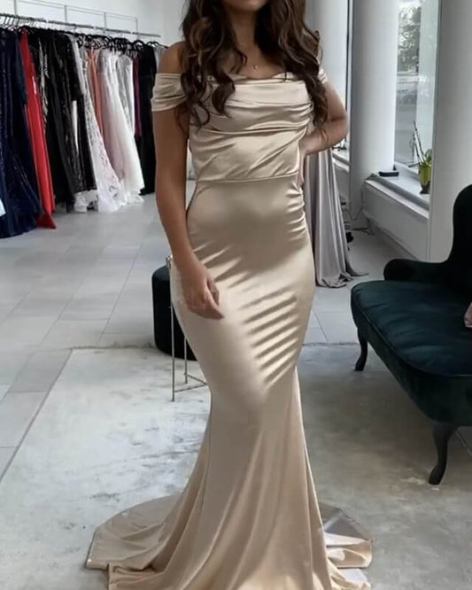 Mermaid Champagne Satin Bridesmaid Dresses Off Shoulder