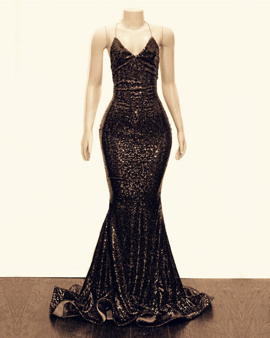 Mermaid V-neck Cross Back Sequins Prom Evening Dresses