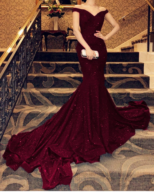 Mermaid V-neck Off Shoulder Ruffles Sequin Prom Dresses