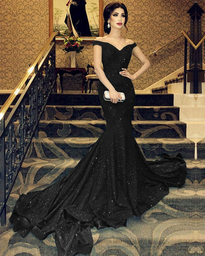 Mermaid V-neck Off Shoulder Ruffles Sequin Prom Dresses