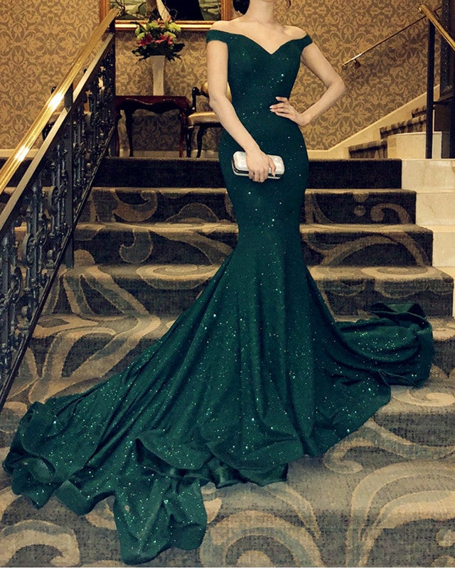 Mermaid V-neck Off Shoulder Ruffles Sequin Prom Dresses