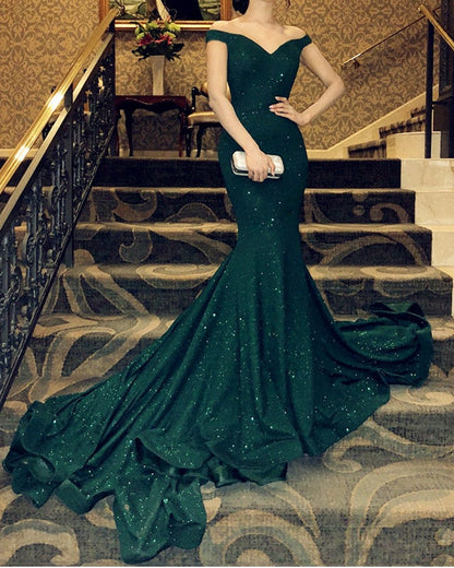 Mermaid V-neck Off Shoulder Ruffles Sequin Prom Dresses