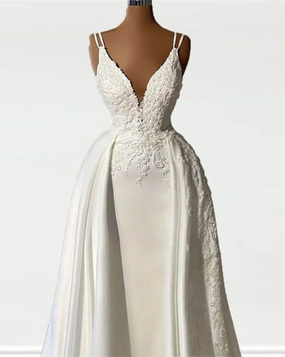Mermaid Straps V Neck Appliques Satin Wedding Dress