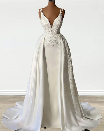 Mermaid Straps V Neck Appliques Satin Wedding Dress