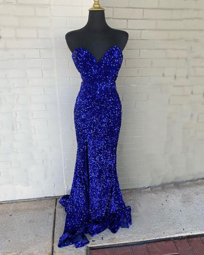 Mermaid Strapless Split Sequin Dress