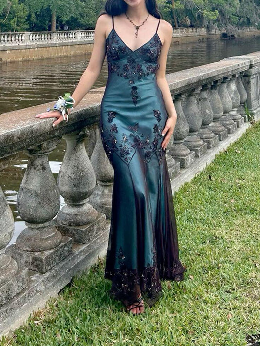 Turquoise Vintage Elegant Exquisite Floral Beading Spaghetti Strap Long Chiffon Ball Gown Evening Dress Birthday Party Dress Formal Women Prom Dress gh3931