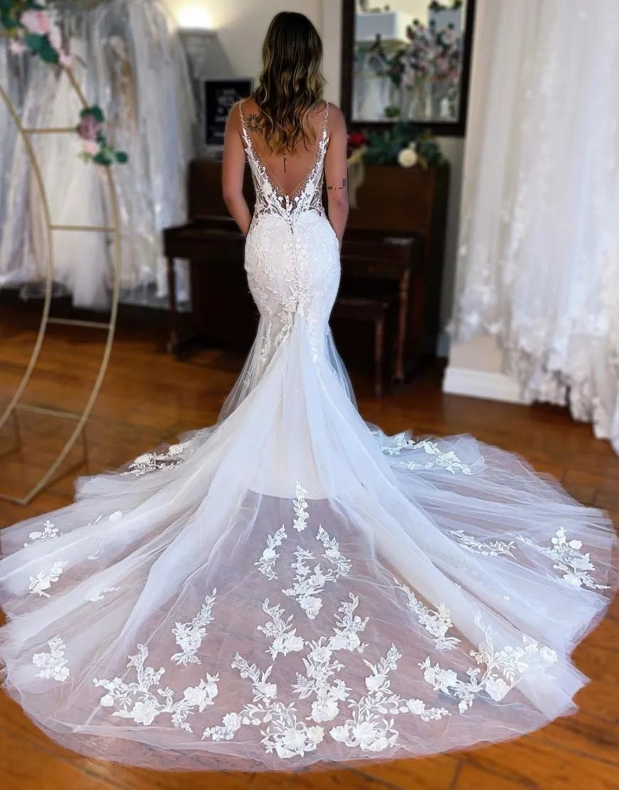 Aimishang Wedding Dress Mermaid Deep V-Neck Chapel Train With Appliques