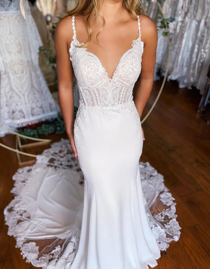 Aimishang Mermaid Wedding Dress Spaghetti Straps Stretch Satin With Appliques
