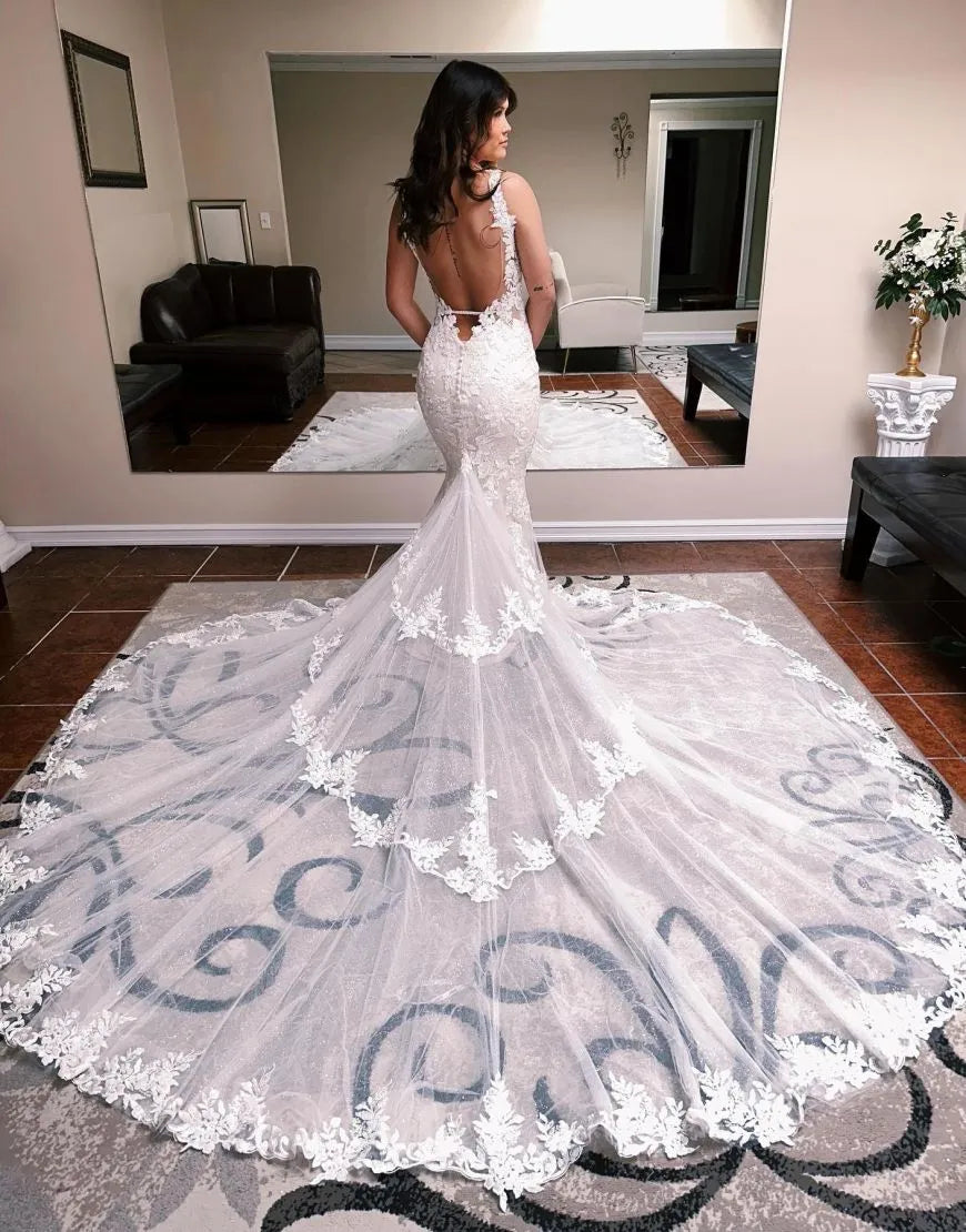 Aimishang Wedding Dress Open Back Mermaid Spaghetti Straps Chapel Train