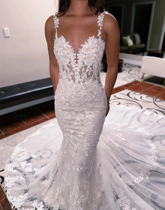 Aimishang Wedding Dress Open Back Mermaid Spaghetti Straps Chapel Train