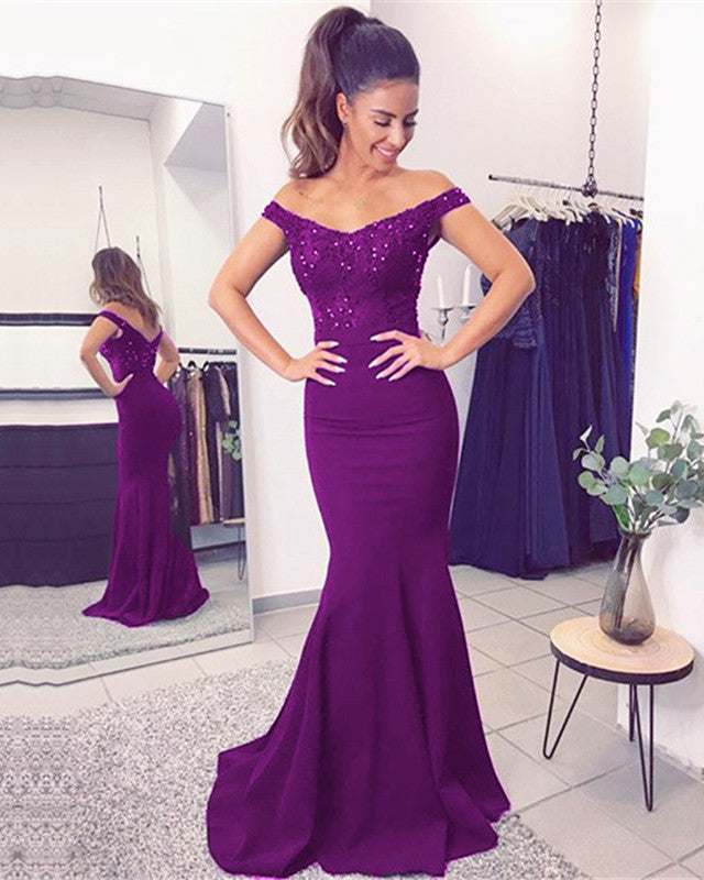 Mermaid V Neck Dresses Off Shoulder Appliques Train