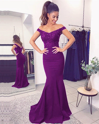 Mermaid V Neck Dresses Off Shoulder Appliques Train