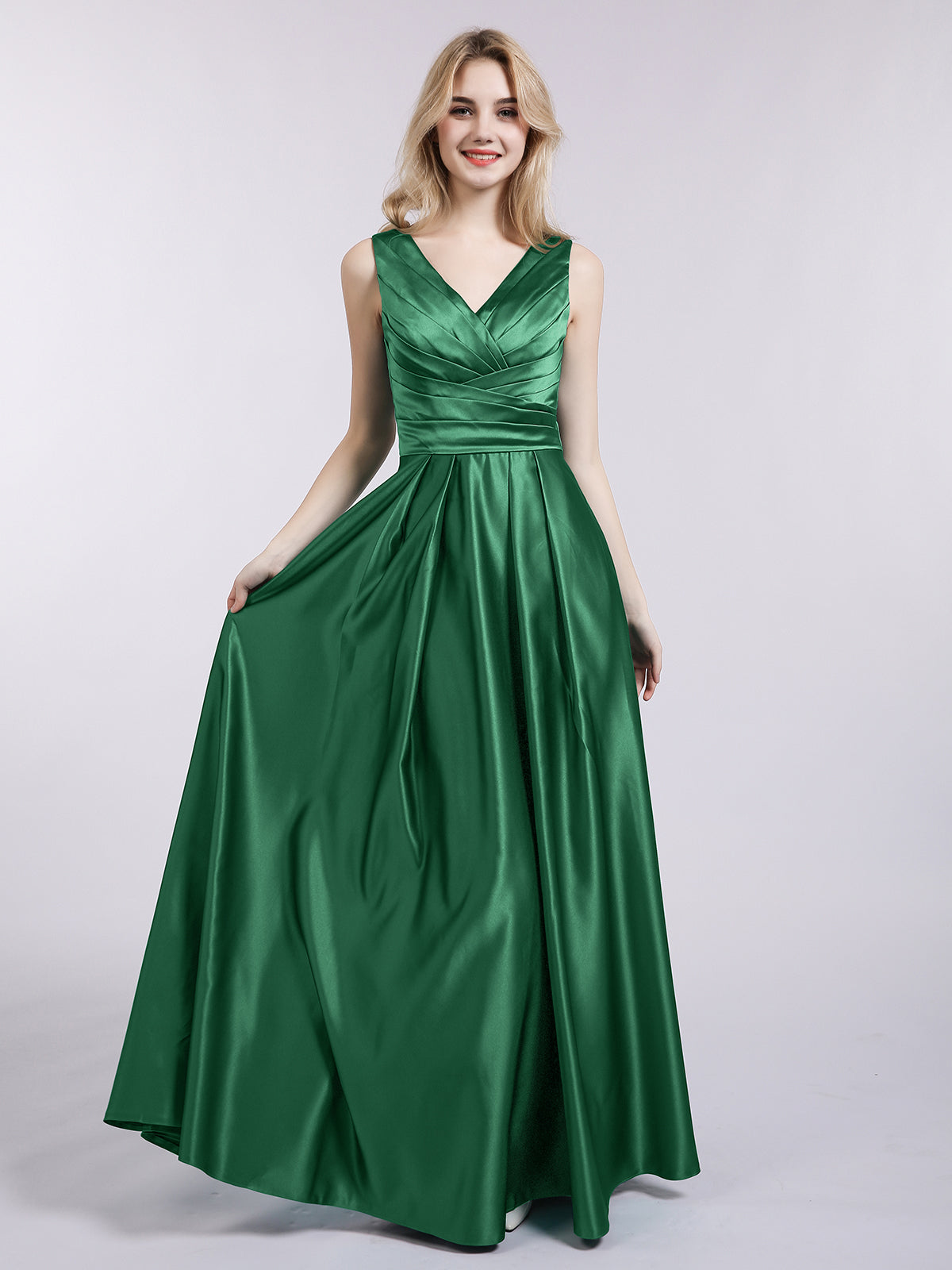 Open Back Long Satin Gown with V-neck-Dark Green
