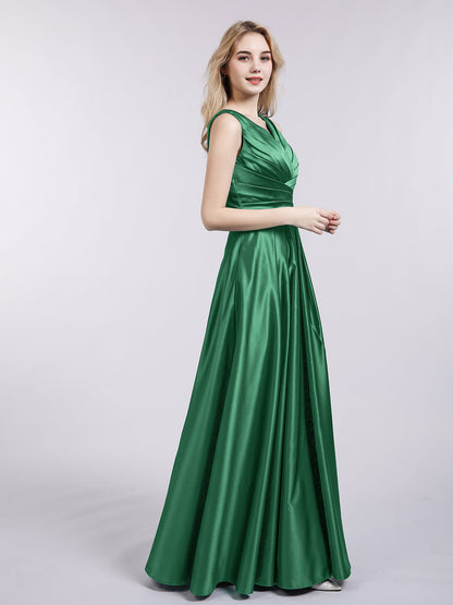 Open Back Long Satin Gown with V-neck-Dark Green