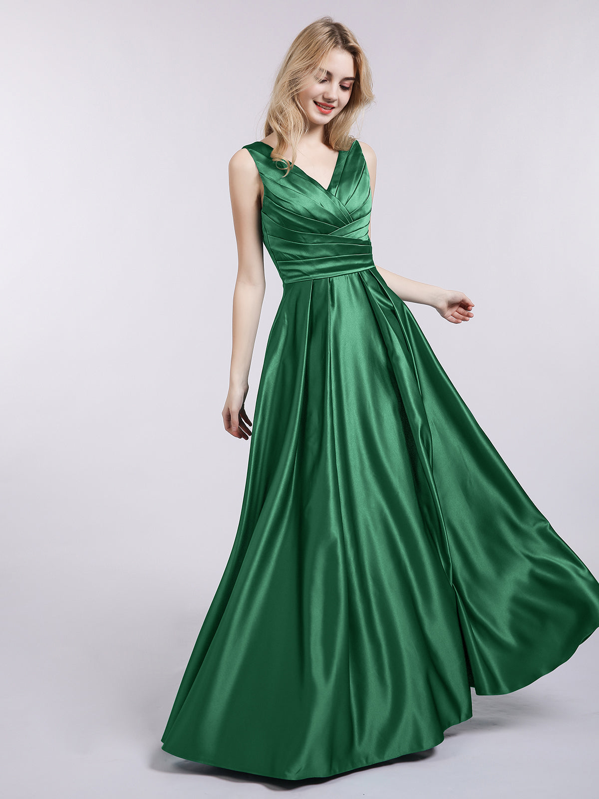 Open Back Long Satin Gown with V-neck-Dark Green