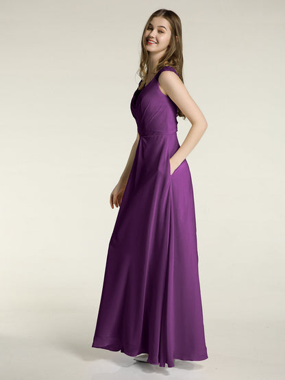 Lace Straps V-neck Chiffon Dresses with Pockets-Grape